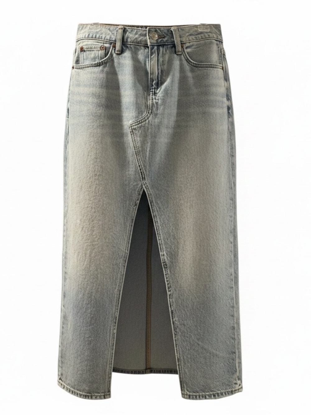 Light Wash Denim Midi Skirt with Front Slit American Eagle